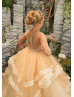 Beaded Champagne Tulle Ruffle Floor Length Flower Girl Dress